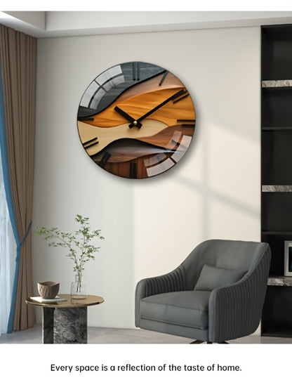 [Artistic Wall Clock] 12-inch Artistic Round Glass Wall Clock, Silent Non-Ticking High Quality Movement, 3mm Thickened Steel Tempered Glass, Faux Wood Grain Nordic Style with Corrugated Design | 1pc, Living Room Bedroom Home