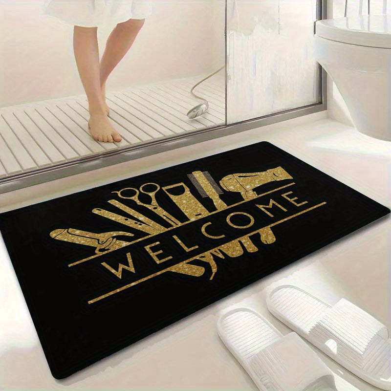 1pc Salon Barber Shop Mat - Anti-Slip Bathroom with Golden Hair Tools Design (Scissors, Comb, Boots), Extra Large Non-Slip Door Mat for Salon, Bathroom, Entryway - Machine Washable Heavy-Duty Rubber Base - Ideal Gift for Hair