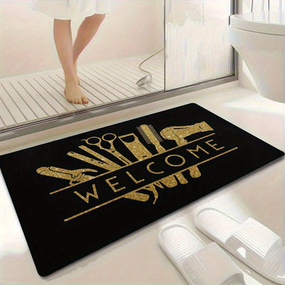 1pc Salon Barber Shop Mat - Anti-Slip Bathroom with Golden Hair Tools Design (Scissors, Comb, Boots), Extra Large Non-Slip Door Mat for Salon, Bathroom, Entryway - Machine Washable Heavy-Duty Rubber Base - Ideal Gift for Hair