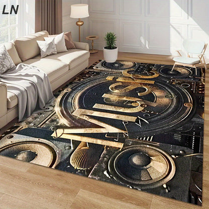 Stylish Music Decor - Music-Themed DJ-Inspired - Large Rectangular Mat with Sound Wave & Speaker Design - Heavyweight 850gsm Mat - 5mm Thick Non-Slip Backing - Machine Washable - Black & Golden Music Note Floor Mat - For Livi