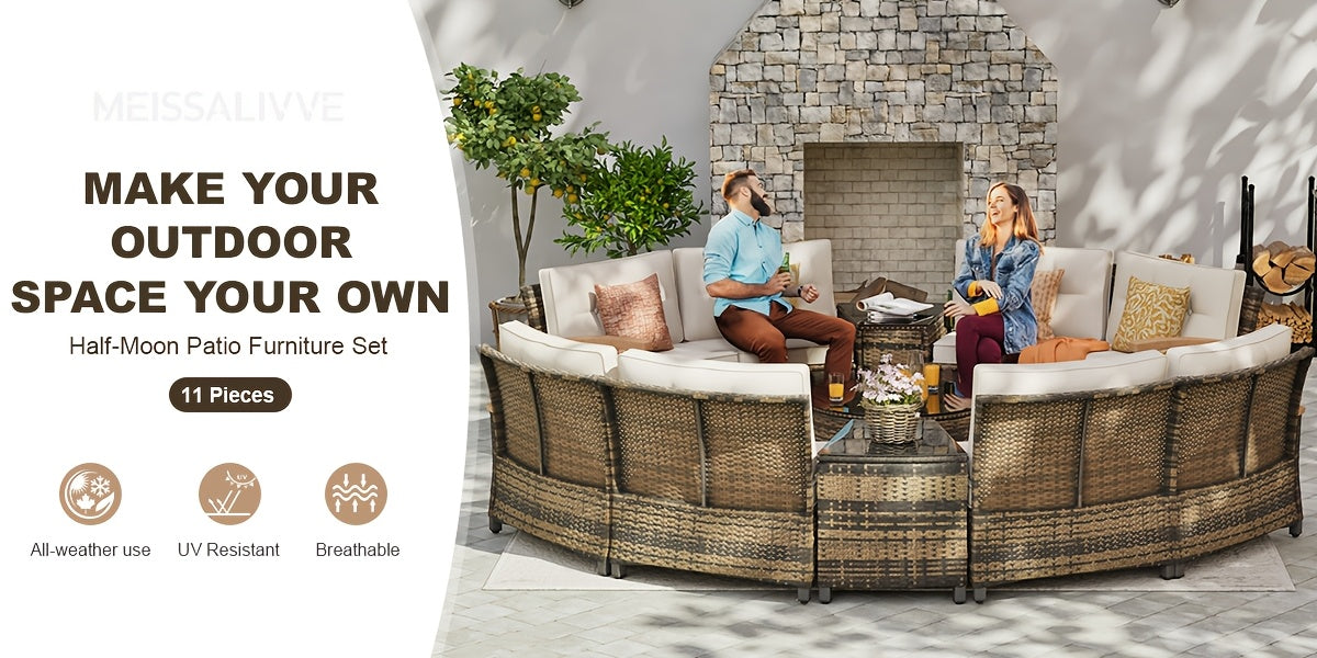 8-11pcs Outdoor Patio Furniture Set, Half-Moon Curved Sectional Sofa Rattan Patio Conversation Set with Wood Armrests for Porch, Backyard - Tempered Glass Round Coffee Table & Side Table, Patio Furniture And Decor, Patio Set,