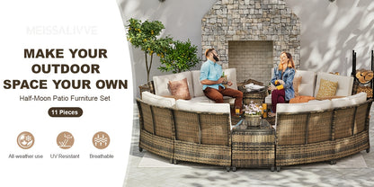 8-11pcs Outdoor Patio Furniture Set, Half-Moon Curved Sectional Sofa Rattan Patio Conversation Set with Wood Armrests for Porch, Backyard - Tempered Glass Round Coffee Table & Side Table, Patio Furniture And Decor, Patio Set,