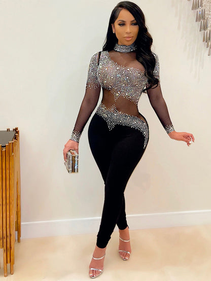 S390220 Black Sheer Diamond-Embellished Long Sleeve Leggings - Stylish Dress for a Sexy Party Dinner