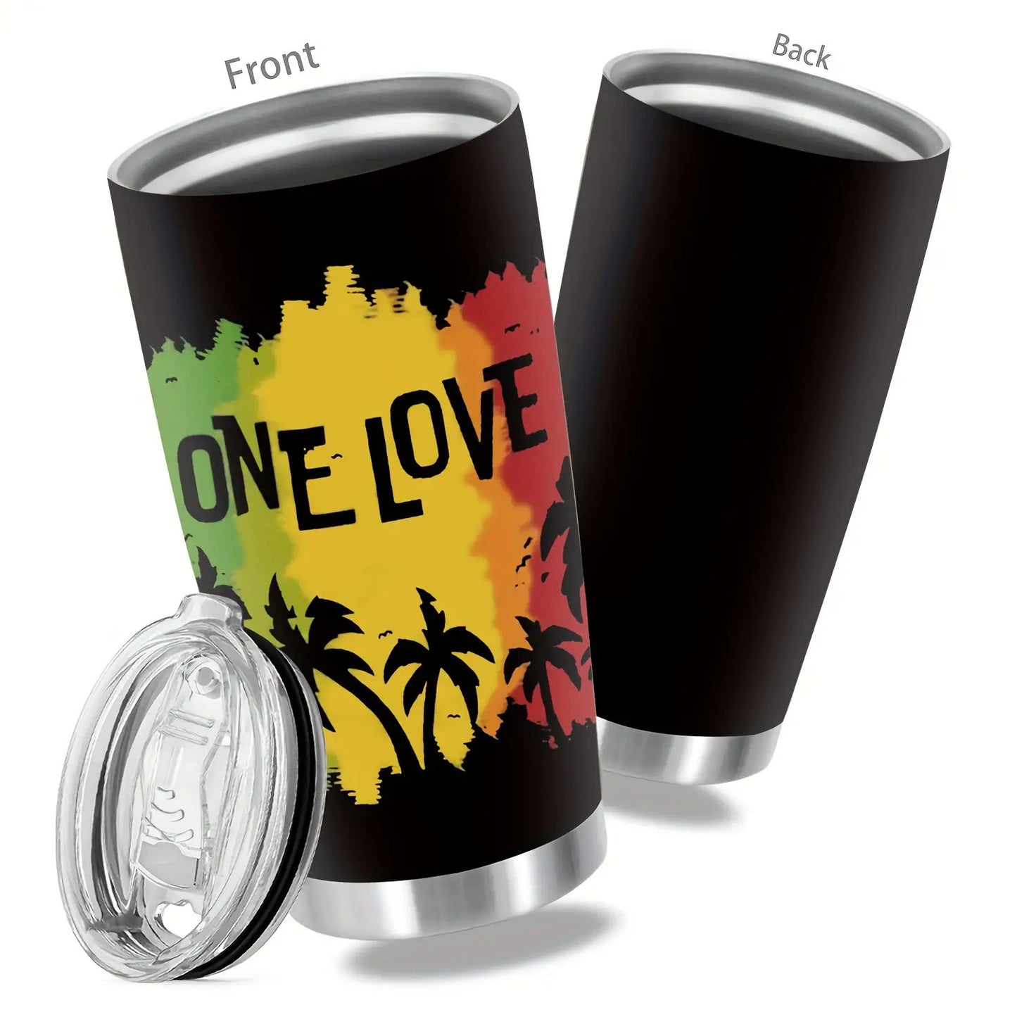 1-Pack 20oz Insulated Stainless Steel Tumbler with Lid - One Love Reggae-Themed Leakproof & -Slip Travel Cup, Green/Yellow/Red Rasta Colors, Flag Design for Camping, Office, Parties - Hand Wash Only (Bob Marley Inspired)