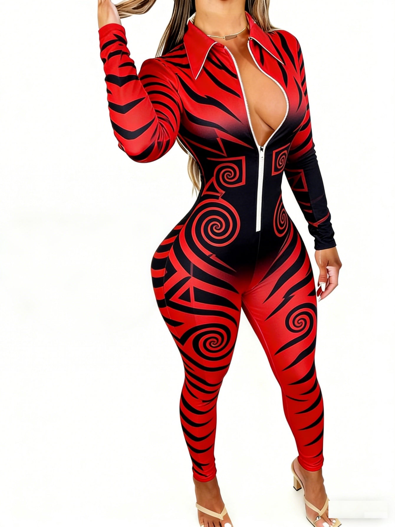 Women Elegant Comfortable Sexy Slim Jumpsuit | Animal Print Stripes, Front Zipper, Casual Office Party Outfits, Year-Round Versatile Wear for Any Season