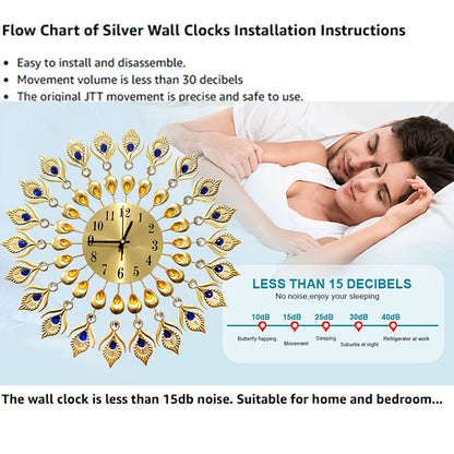 Elegant Peacock Pattern Metal Silent Wall Clock - Modern Minimalist Quartz Movement, No Ticking Sound, Auto Shut-Off, Round Metal Wall Clock with & Golden Peacock, For Living Room, Bedroom, Peacock Decor, Bedroom Accessory, H