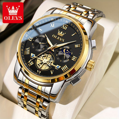 OLEVS Men's Luxury Multifunctional Quartz Watch - Stainless Steel Luminous Analog Watch with Moon Phase, Chronograph, Date/Day/24H Indicator, Golden-Tone & Bracelet for Business, Casual, Casual Attire - Dress Watch