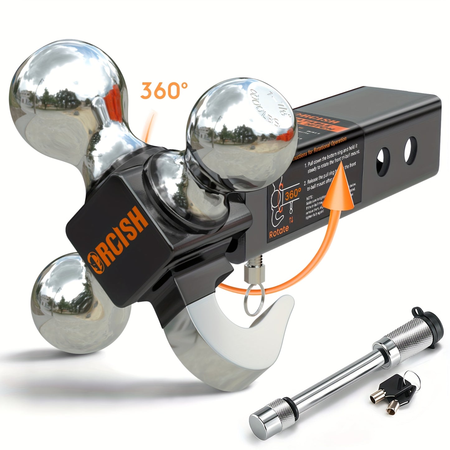 Trailer Hitch Tri-Ball Mount With Hook Contain Secure Self-Lock Latch, Hitch Ball Size 1-7/8", 2" And 2-5/16", Fit 2 Inch Hitch Receiver, Tow Hitch With Double Anti-Theft Pins Locks