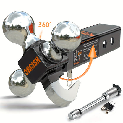 Trailer Hitch Tri-Ball Mount With Hook Contain Secure Self-Lock Latch, Hitch Ball Size 1-7/8", 2" And 2-5/16", Fit 2 Inch Hitch Receiver, Tow Hitch With Double Anti-Theft Pins Locks