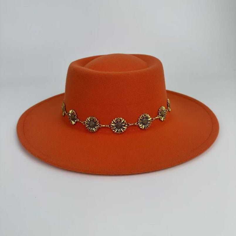 1pc Bohemian-style Unique and Fashionable Felt Hat - Decorated with Exquisite Golden Flower Chain Fedora Hat - Suitable for Daily Street Style, Music Festival Outfits, Bohemian-inspired Looks, Casual Outings and Trendy Season