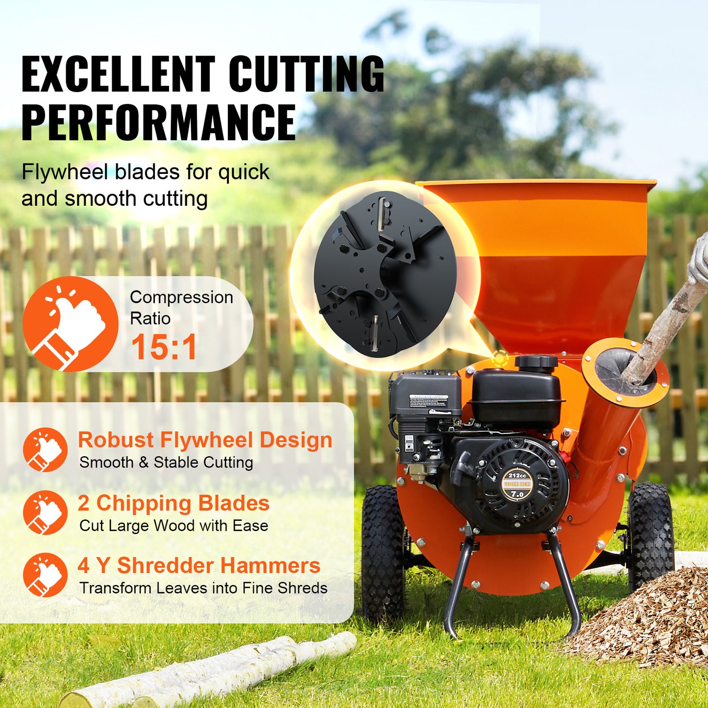 VEVOR Wood Chipper Shredder Mulcher 7HP Heavy Duty Gas Powered 3” 212cc/ 420cc, 4.1kw/4.1kw