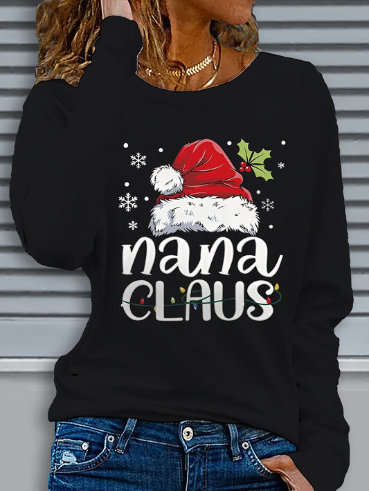 Women'S Christmas Santa Claus & Nana Claus Graphic Print Long Sleeve T-Shirt - Cozy Crew Neck Casual Top with Festive Snowflake & Santa Hat Design, Perfect For Fall/winter Holiday Celebrations, Christmas Shirts