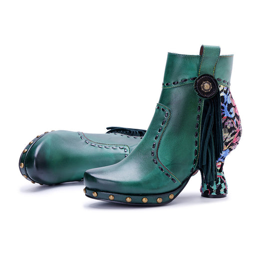 Women'S Vintage Western Boots - Hand-Rubbed Fringe Ankle Boots with Retro Leopard Print & Stitching Detail, Round Toe, Zipper Closure, Chunky Heel, PU Cover Upper, Rubber Sole - Western Cowboy Boot Style for Themed Events, Ca