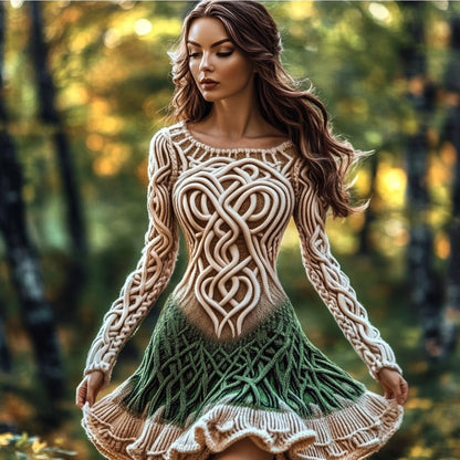 Plus Size - Autumn and Winter New Dress | Casual Versatile Temperament Fashion Slim Retro Fried Dough Twists Long Sleeve Women'S Wear, Midi Length, Slight Stretch Fabric, Lapel Collar, Weekend Casual Style.