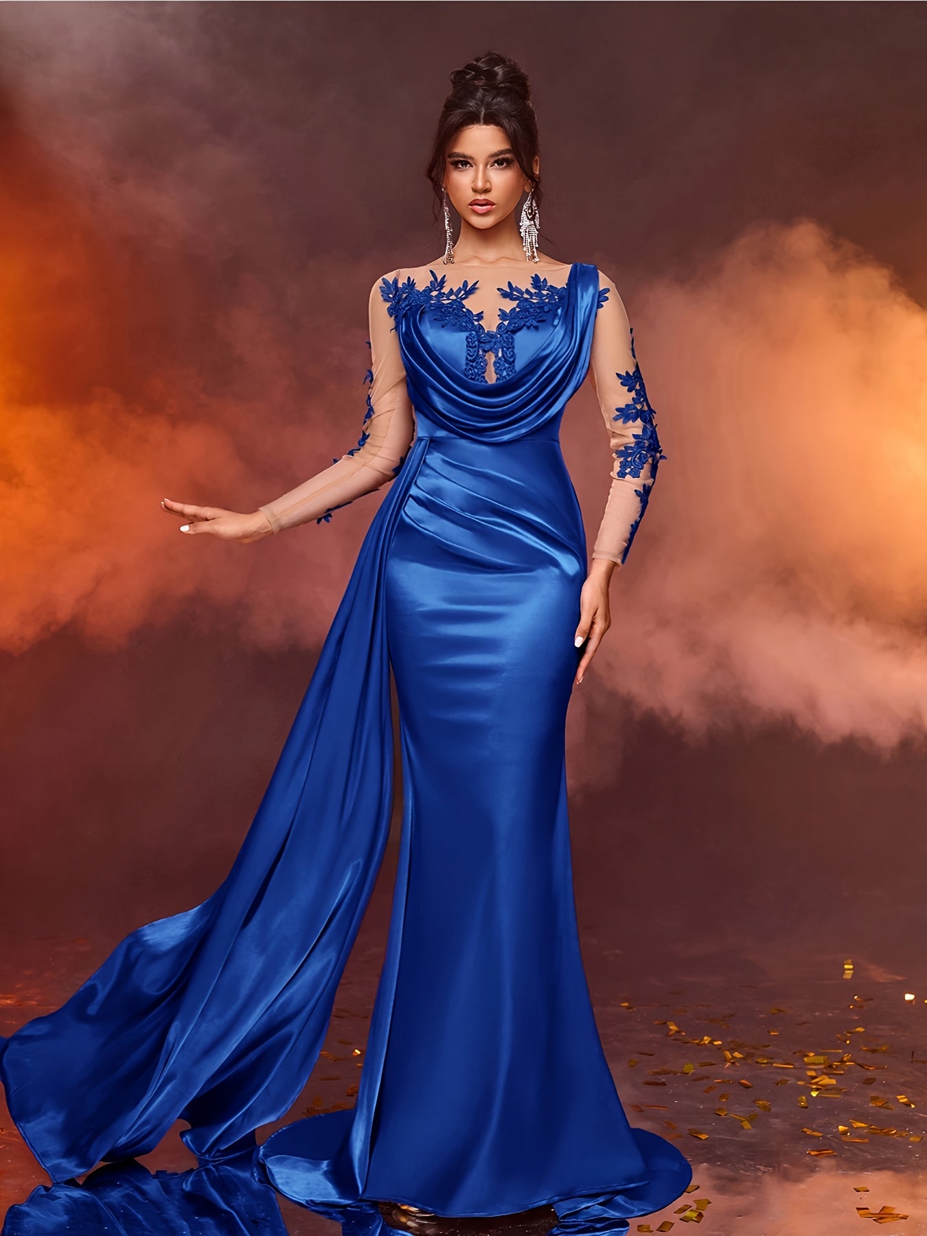 Elegant Long Ladies' Gown with Lace Detail | Solid Color, Contrast Mesh, Long Sleeve, Gown Hem, Ideal for Christmas, Birthday, Graduation, Travel