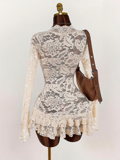 Bohemian Style - Low-Cut Mini Dress - with Sheer Fabric