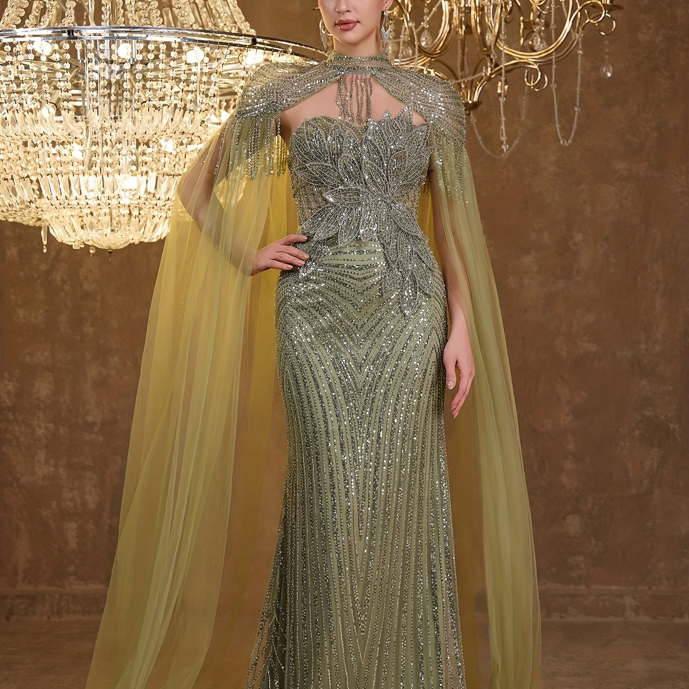 An Elegant And Sexy Evening Gown Featuring a High Neckline, 3D Petal Appliqués, And Flowing Tassels, Adorned with Sequins And Lace on The Bodice