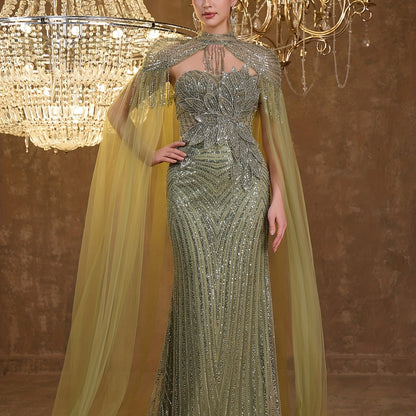 An Elegant And Sexy Evening Gown Featuring a High Neckline, 3D Petal Appliqués, And Flowing Tassels, Adorned with Sequins And Lace on The Bodice