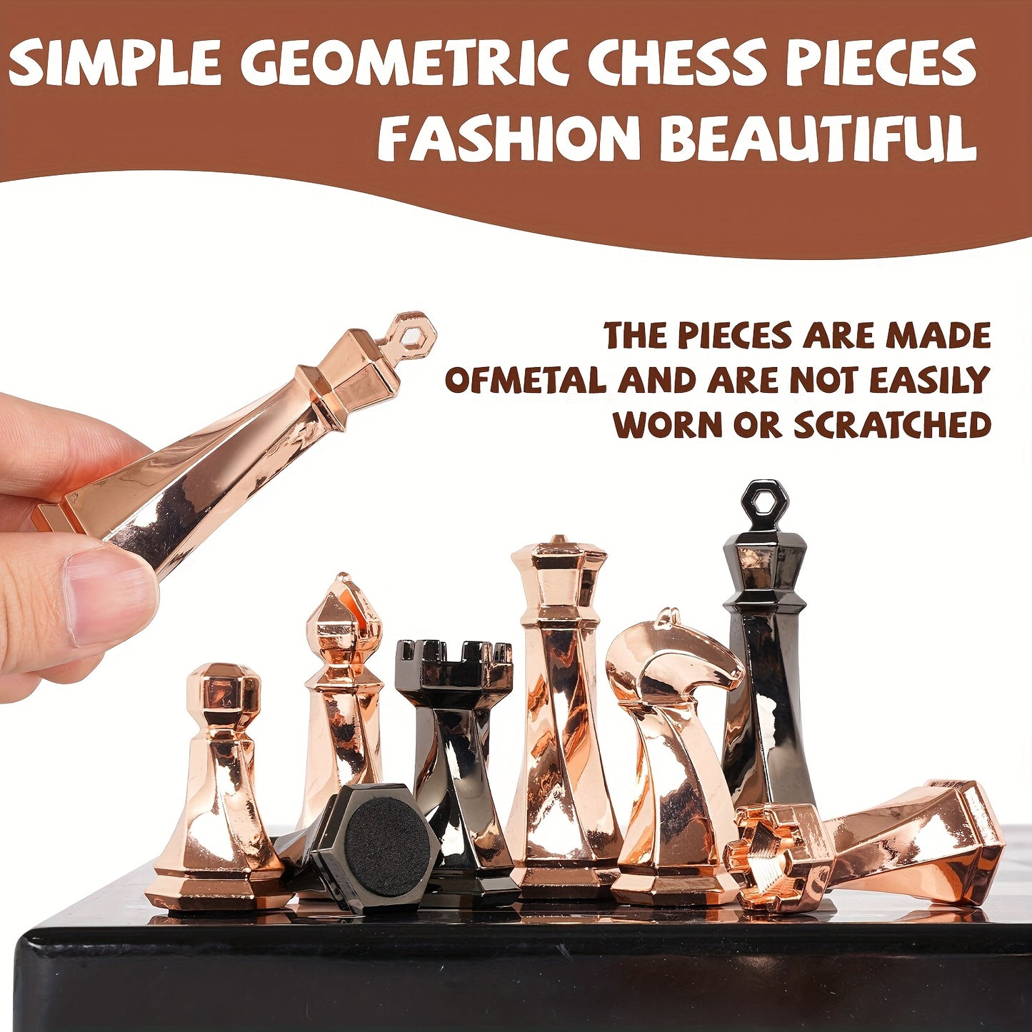Metal Chess Set for Adults, 15" Wooden Chess Board with Modern Metal Chess Pieces Travel Chess Sets with Metal Chessmen, Collectible Elegant Chess Game, Family Vintage Board Game, Marbled Chess Board
