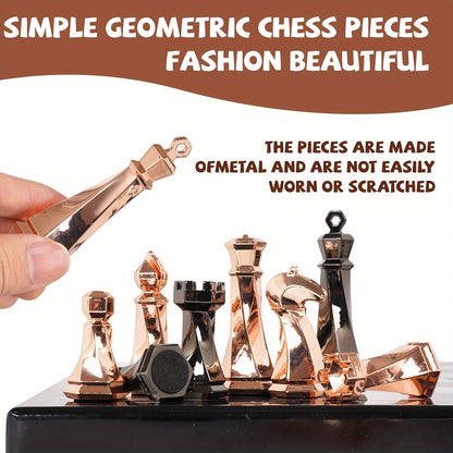 Metal Chess Set for Adults, 15" Wooden Chess Board with Modern Metal Chess Pieces Travel Chess Sets with Metal Chessmen, Collectible Elegant Chess Game, Family Vintage Board Game, Marbled Chess Board