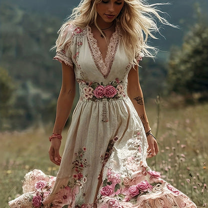 Elegant Women'S V-neck Short-Sleeved Dress with Full Skirt | Lightweight and Breathable Fabric, Perfect for Travel and Beach Vacations, Floral Pattern, Oversized Fit