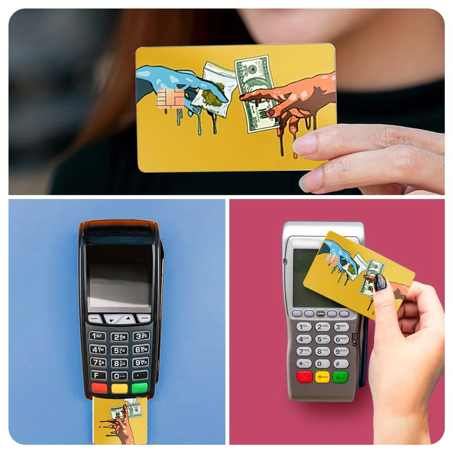 4pcs PVC Credit Card Skins with Money Drip Design & Dollar Bill Pattern - Matte Anti-Residue Vinyl Decals, Hand Washable Protective Cover for Credit/Debit/Transit/Key Cards - One-Time Use, Color Matching ( & Red) - Ideal for