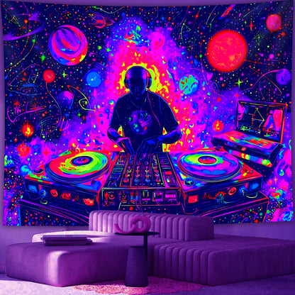 1pc Neon Glow-in-the-Dark DJ-Themed Tapestry - UV Light Reactive Fabric - Large Horizontal Wall Hanging with Neon Glow-in-the-Dark DJ & DJ Equipment Design for Bedroom, Party Decor, Home Entertainment - No Installation Needed
