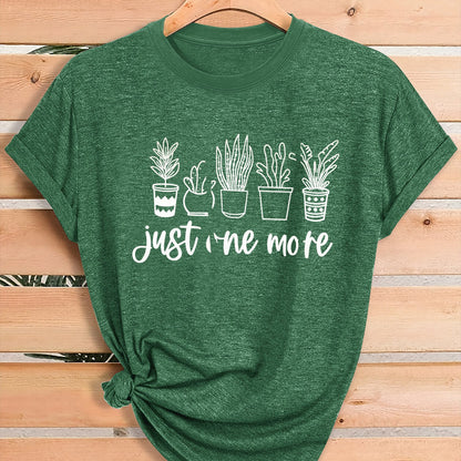 Women'S Green Plant Print T-Shirt with "Just One More" Slogan & Cactus/Succulent Design - Breathable Round Neck Casual Streetwear Top for Gym, Casual Attire, All-Season Comfort - Funny Botanical Graphic Tee for Plant Lovers,