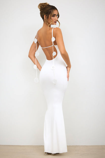 Women's Elegant Backless Evening Gown with 3D Flower Strap - Long Formal Wedding Dress, Prom Dress, Party Dress - Solid Color Round Neck All-Season Hand Washable Dress for Special Occasions