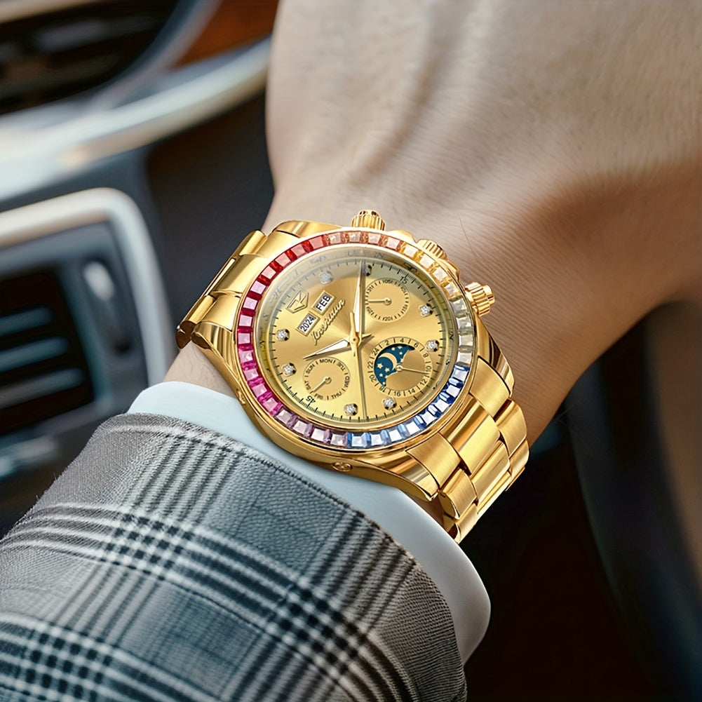 JSDUN Men'S Automatic Mechanical Watch with Luminous Hands & Moon Phase Indicator - Stainless Steel Multifunctional Chronograph, 24Hr Day/Date Display, Golden-Tone Minimalist Dial, High Quality (No Battery/Electricity) - Busi