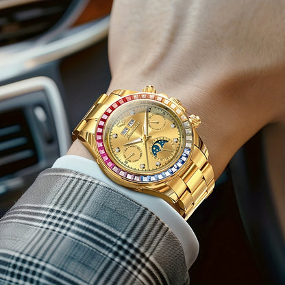 JSDUN Men'S Automatic Mechanical Watch with Luminous Hands & Moon Phase Indicator - Stainless Steel Multifunctional Chronograph, 24Hr Day/Date Display, Golden-Tone Minimalist Dial, High Quality (No Battery/Electricity) - Busi