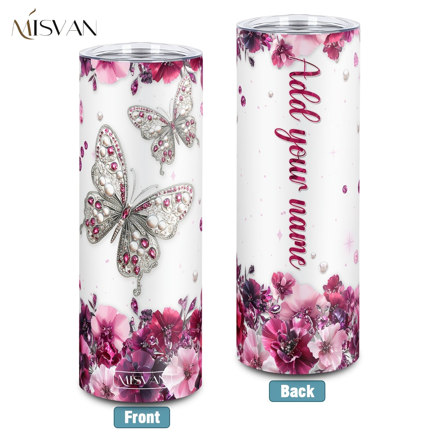 1pc Customized Name Stainless Steel Tumbler | 20oz/22oz/40oz Insulated Water with Lid, Reusable, Round Shape, 304 Stainless Steel, Ideal for Easter, Thanksgiving, Father'S Day, Mother'S Day, Graduation, White Diamond Butterfl