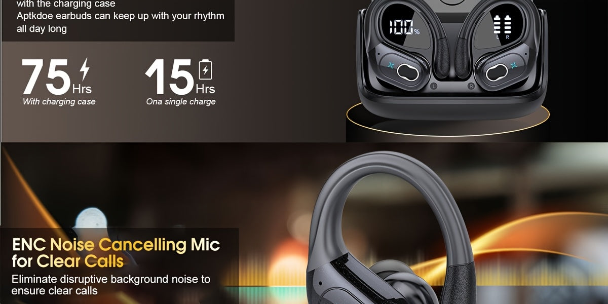 2025 New HD65 Endurance Wireless Headphones Aptkdoe Sports Cordless Headphones, Wireless 5.3 Headphones, 50H Stereo HD Microphone, LED Display, Sports/running Hook Cordless Headphones, Long Life, Intelligent Noise Reduction