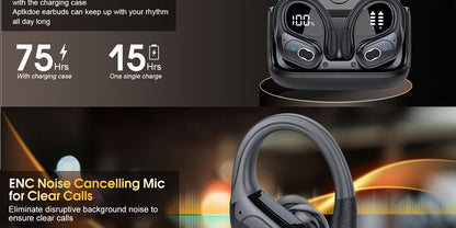 2025 New HD65 Endurance Wireless Headphones Aptkdoe Sports Cordless Headphones, Wireless 5.3 Headphones, 50H Stereo HD Microphone, LED Display, Sports/running Hook Cordless Headphones, Long Life, Intelligent Noise Reduction