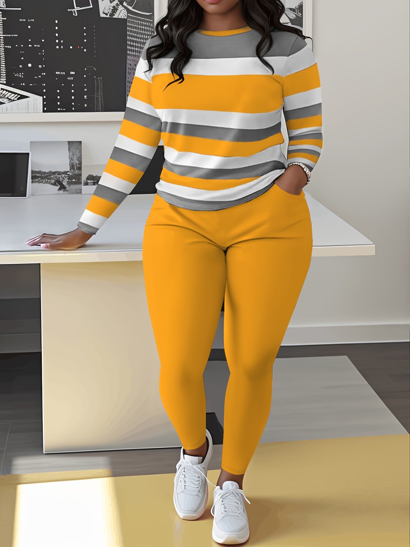 Unique Women's Striped Casual Set- Green And White, Long Sleeve Round Neck Top And Pants with Pockets, Weight Polyester Blend, Machine Washable, Comfortable Clothing| Pants| Polyester Blend