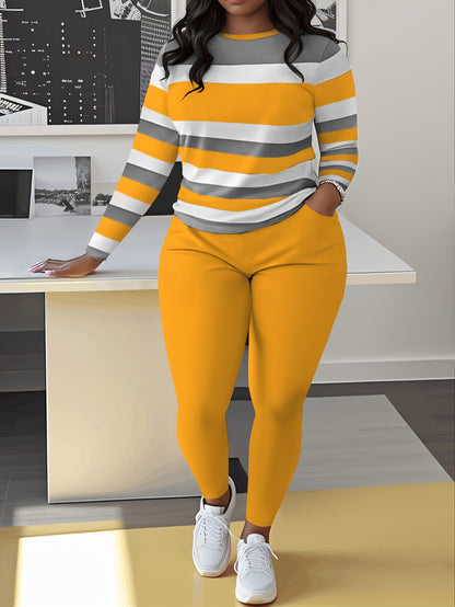 Unique Women's Striped Casual Set- Green And White, Long Sleeve Round Neck Top And Pants with Pockets, Weight Polyester Blend, Machine Washable, Comfortable Clothing| Pants| Polyester Blend