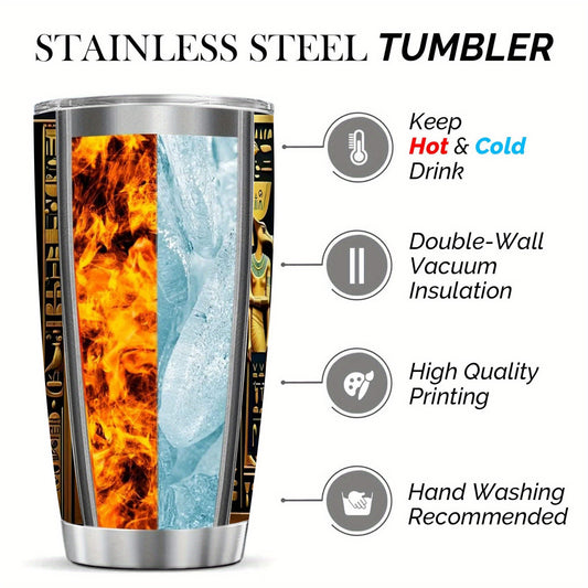 1pc Egyptian Hieroglyphs & Pharaohs Tumbler with Lid & Straw - 12oz/20oz Insulated Travel Mug, Double-Wall Vacuum Cup with Golden & Black Egyptian Design, Tutankhamun & Anubis Pharaohs, Ideal Gift for History Buffs, Christmas