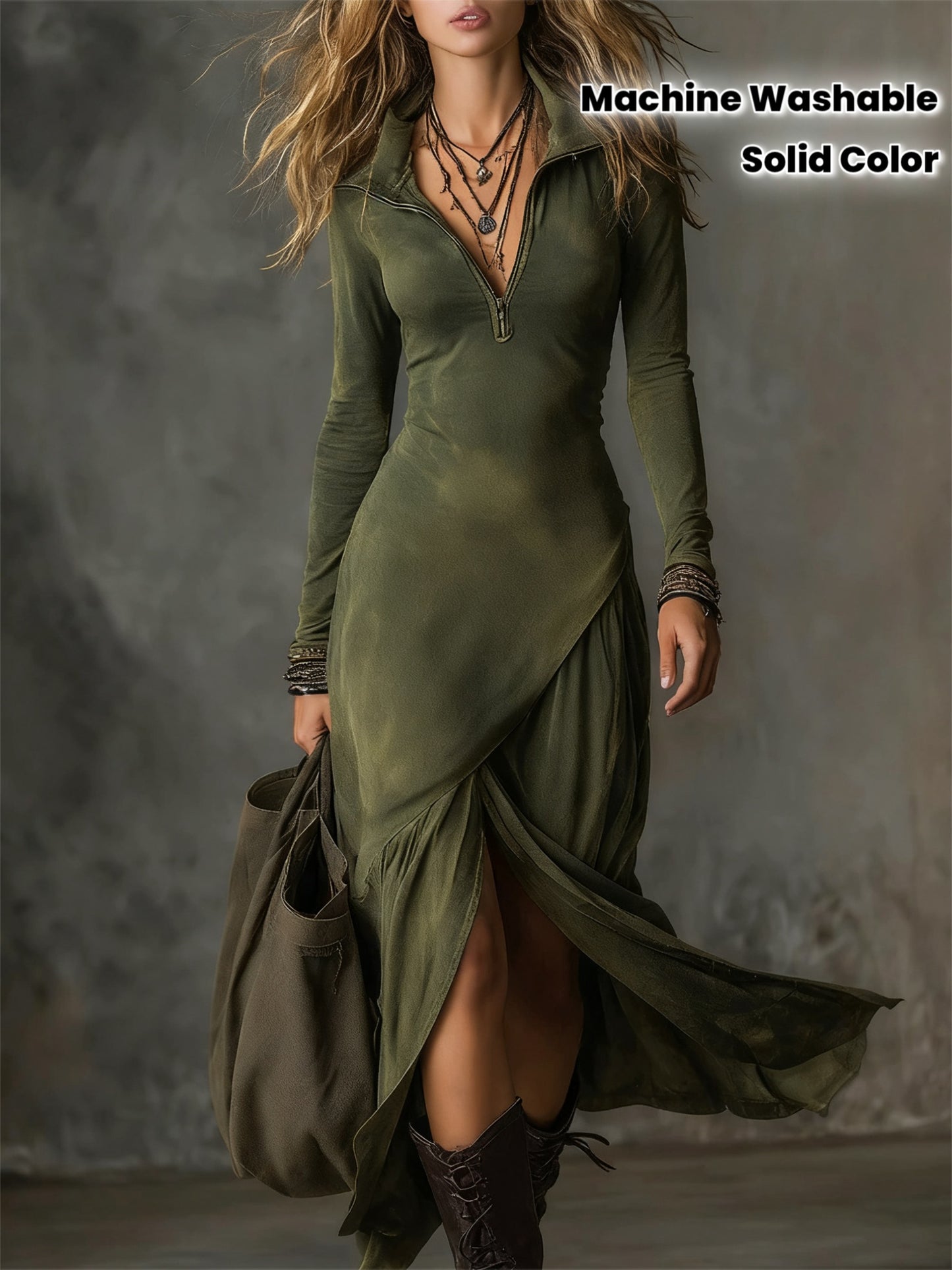 Women's Winter Office Dress - Sexy Half-Zip Collar Midi Dress with Split Hem, Slim-Fit Long Sleeve Solid Color Dress for, Meetings & Semi-Formal Events, Machine Washable (No Elasticity)