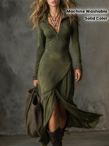Women's Winter Office Dress - Sexy Half-Zip Collar Midi Dress with Split Hem, Slim-Fit Long Sleeve Solid Color Dress for, Meetings & Semi-Formal Events, Machine Washable (No Elasticity)