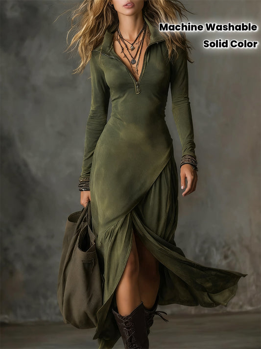 Women's Winter Office Dress - Sexy Half-Zip Collar Midi Dress with Split Hem, Slim-Fit Long Sleeve Solid Color Dress for, Meetings & Semi-Formal Events, Machine Washable (No Elasticity)