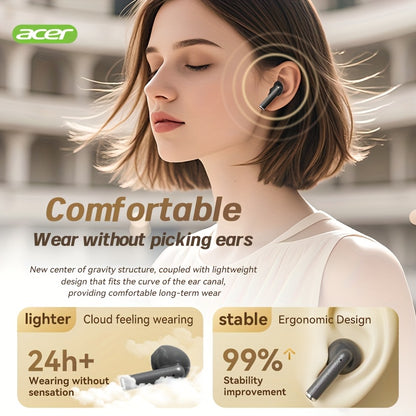 ACER TWS Wireless Earbuds with Deep Bass Stereo + Call Noise Cancellation, Long-Lasting Comfort, HIFI Sound, Lightweight Touch Design, Classic Retro Style, Non-Painful Wear for Sports, Running, Learning, Business, Music - Chr