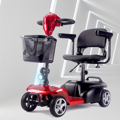 The Foldable Mobility Scooter Features A 250W Motor And Reaches A Speed Of 6 Mph.This Senior-friendly Scooter Has A 15-17 Mile Range, 13.5Ah Battery, All-terrain Tires, And Comes with A Detachable Seat, Basket, Phone Holder,