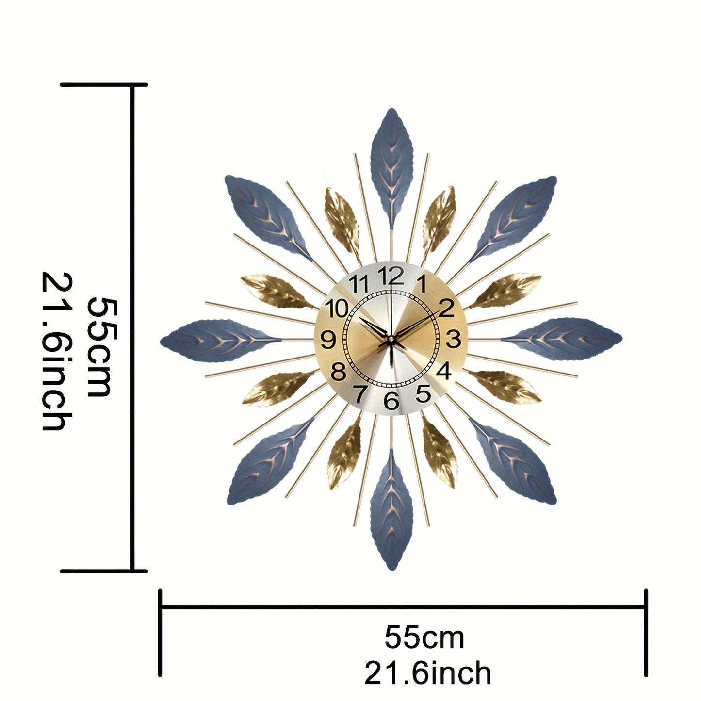 1pc Large Modern Metal Wall Clock 21.6 Inch - Silent Non-Ticking Modern Square/Rectangular Design with Golden-Toned Hands & Blue Leaf Face, White Numerals - Elegant Large Wall Clock for Living Room, Bedroom, Home Decor in Gol