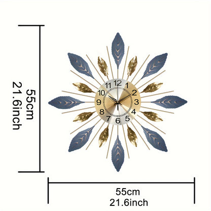 1pc Large Modern Metal Wall Clock 21.6 Inch - Silent Non-Ticking Modern Square/Rectangular Design with Golden-Toned Hands & Blue Leaf Face, White Numerals - Elegant Large Wall Clock for Living Room, Bedroom, Home Decor in Gol