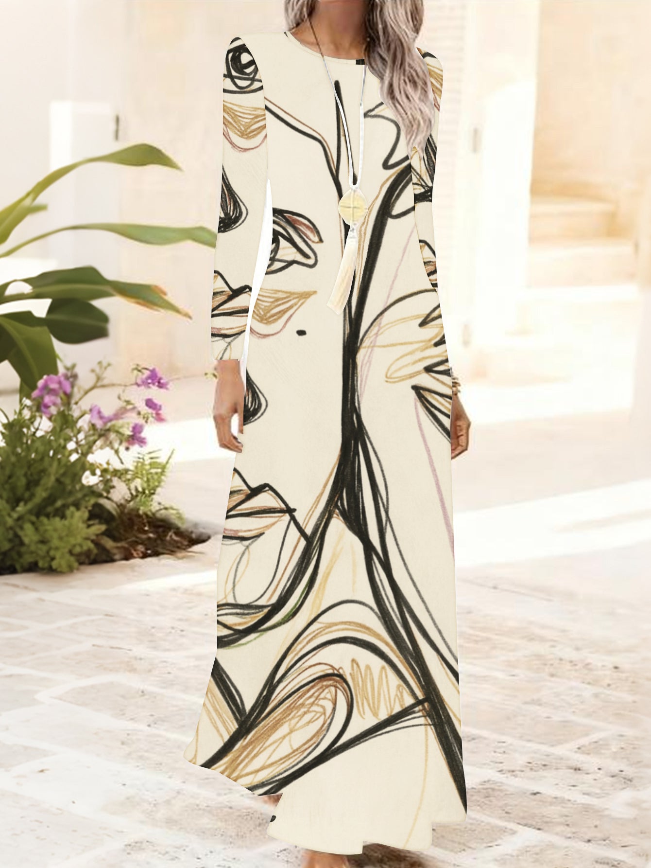 Plus Size, Women's Elegant Cream Maxi Dress Long Sleeve Abstract Line Art Print Evening Gown - Fitted Party Wedding Guest Dress, Machine Washable Year-Round Formal Attire with Round Neckline & Smooth Silhouette