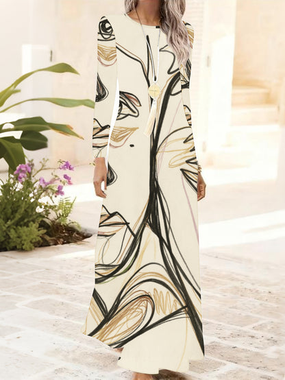 Plus Size, Women's Elegant Cream Maxi Dress Long Sleeve Abstract Line Art Print Evening Gown - Fitted Party Wedding Guest Dress, Machine Washable Year-Round Formal Attire with Round Neckline & Smooth Silhouette