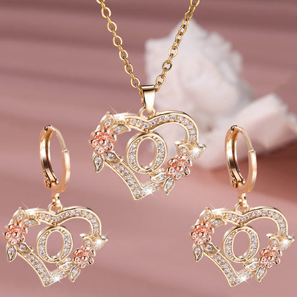 3pcs Women's Initial Jewelry Set - Heart-Shaped Interlocking Link Necklace & Earrings with 26-Letter Monogram, Elegant Golden-Tone -Accented Letters, Dainty Everyday Gift for Mother's Day, Graduation, Birthdays (Pink & Clear