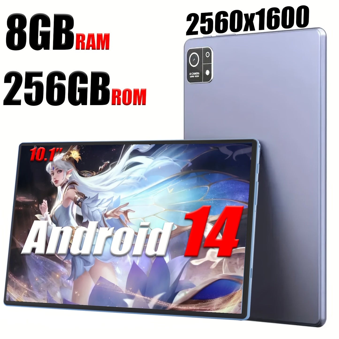 Android Tablet Gray Purple, 10.1-inch 2-in-1 Tablet, 256GB Storage ROM, 8GB, 2KHD Supports WiFi Android 14, 10000mAh, 2560 * 1600 Resolution 16MP+32MP Dual Camera, Suitable for Online Courses, Work Games, Entertainment