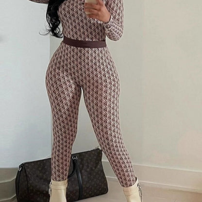 Women's Stretchy Bodysuit - High-Waisted Pants & Long Sleeve Outfit, Machine Washable to Party Jumpsuit for, Formal Events, Casual Attire - Non-See-Through Fabric, Attire, Geometric Print, Comfortable Material, Onepiece Outfi