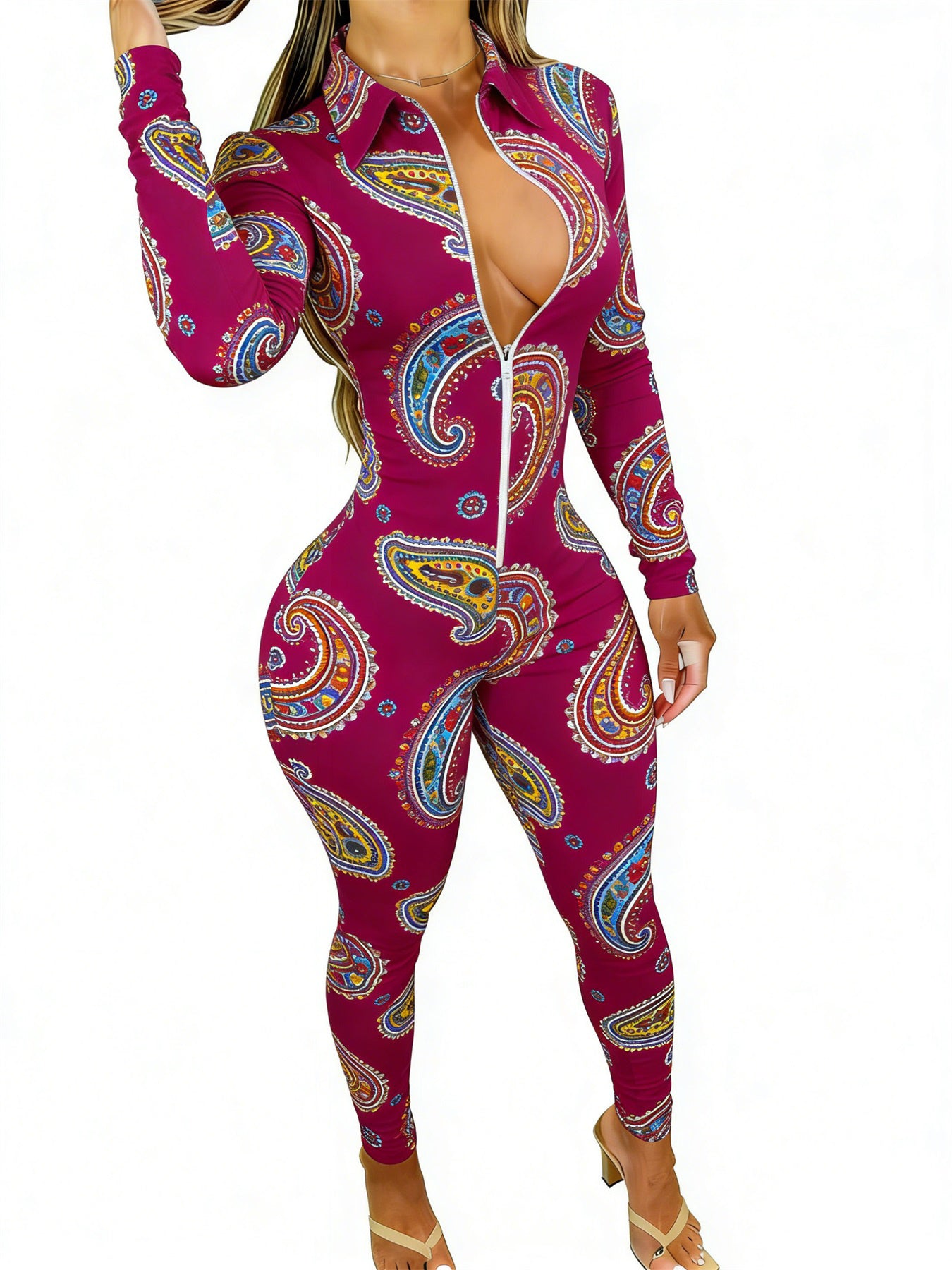 Women's Long Sleeve Slim-Fit Jumpsuit with Trendy Paisley Print - Purple Style Perfect for Daily Outings & Casual Occasions, Available in Sizes 2XS-2XL